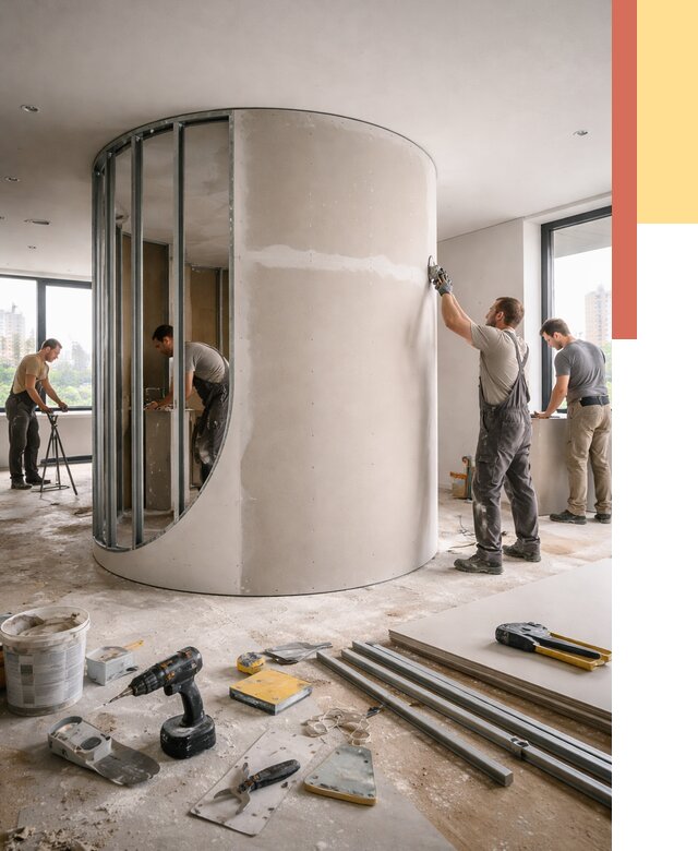 Радиусная перегородка из гипсокартона в Канаше от 2979 руб. под ключ | ОТДЕЛОЧНИК-Кна