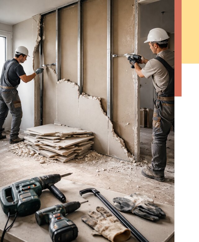 Демонтаж перегородки из гипсокартона в Канаше от 1233 руб. быстро и недорого | ОТДЕЛОЧНИК-Кна