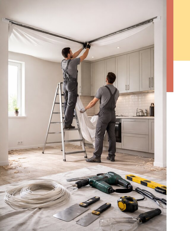 Установка натяжного потолка на кухне в Канаше от 2465 руб. | ОТДЕЛОЧНИК-Кна