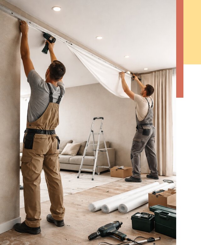 Монтаж натяжного потолка в гостиной в Канаше от 565 руб. | ОТДЕЛОЧНИК-Кна