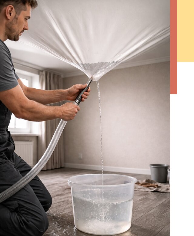 Слив воды с натяжного потолка в Канаше от 2568 руб. быстро и недорого | ОТДЕЛОЧНИК-Кна