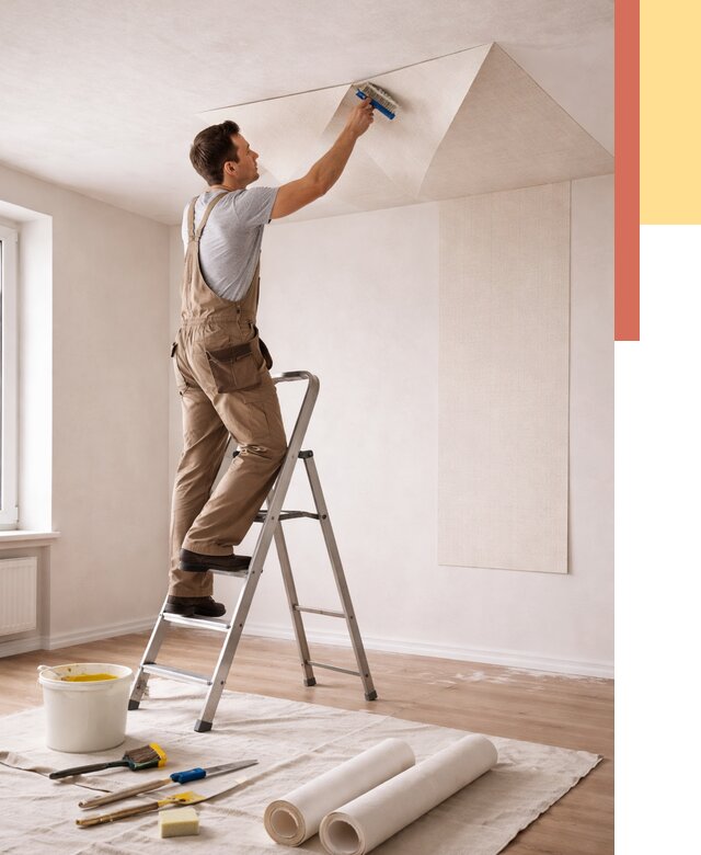 Поклейка обоев на потолок в Канаше от 4622 руб. быстро и недорого | ОТДЕЛОЧНИК-Кна